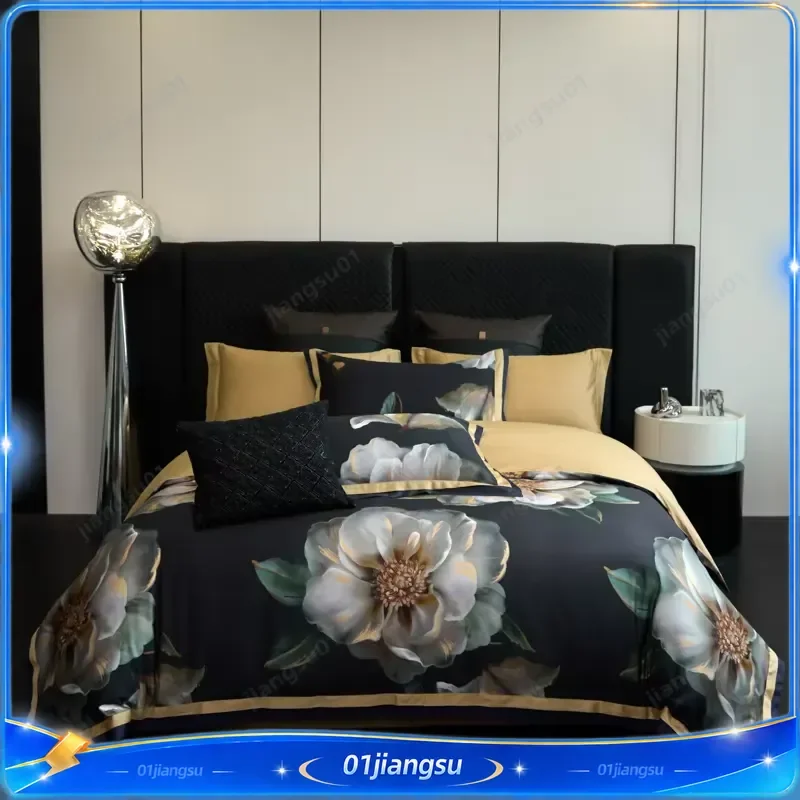 4Pcs Egyptian Cotton Bedding Set 1000TC Floral Print Duvet Cover Fitted Sheet Pillowcases Queen King Size Soft Luxury Bed