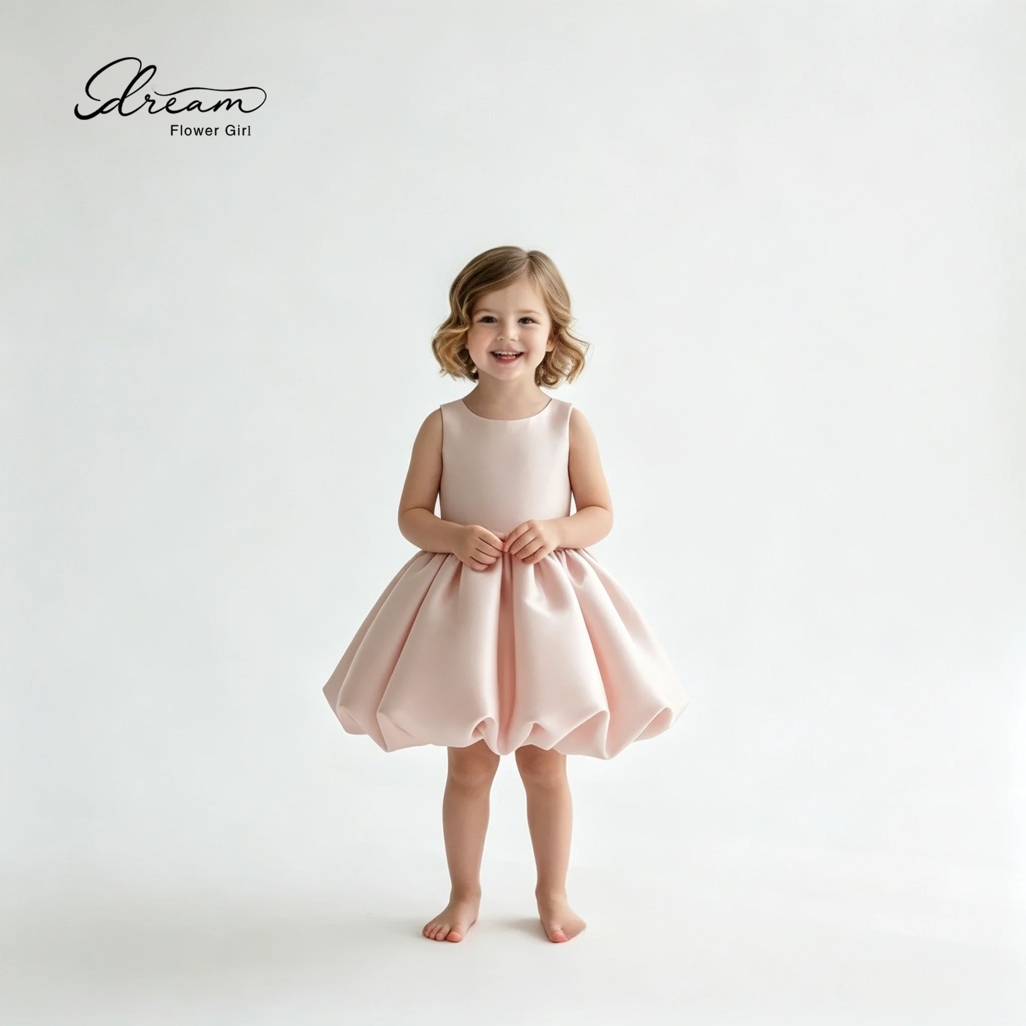 Simple flower girl pink satin bow tie-front strapless backless knee-length short dress evening gown