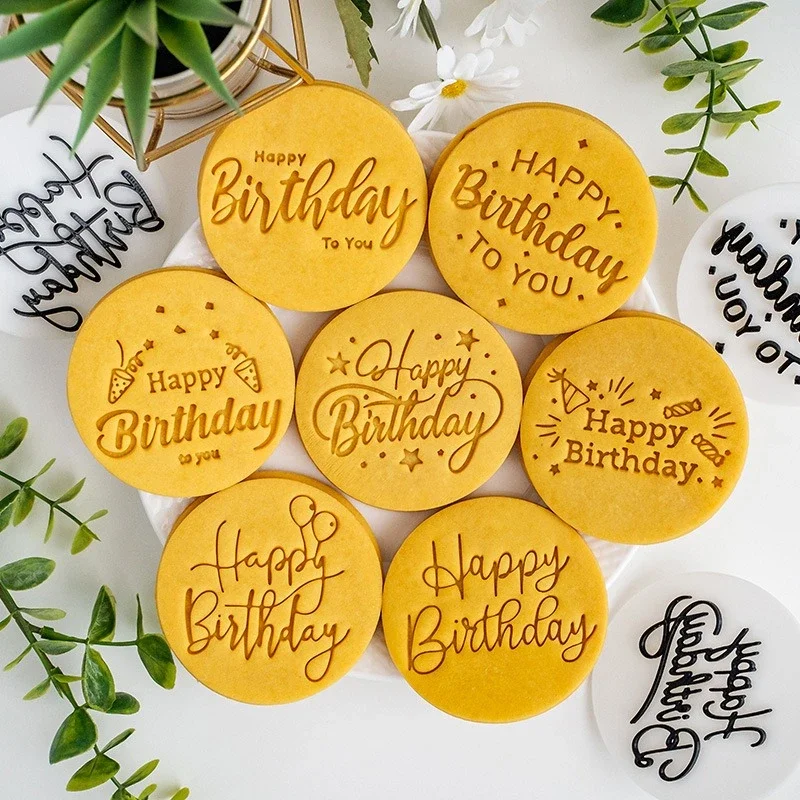 Happy Birthday Theme Cookie Cutter Mold Biscuit Embosser Cake Decoration Tools Stamp Baking Pastry Bakeware Kitchen Accessories