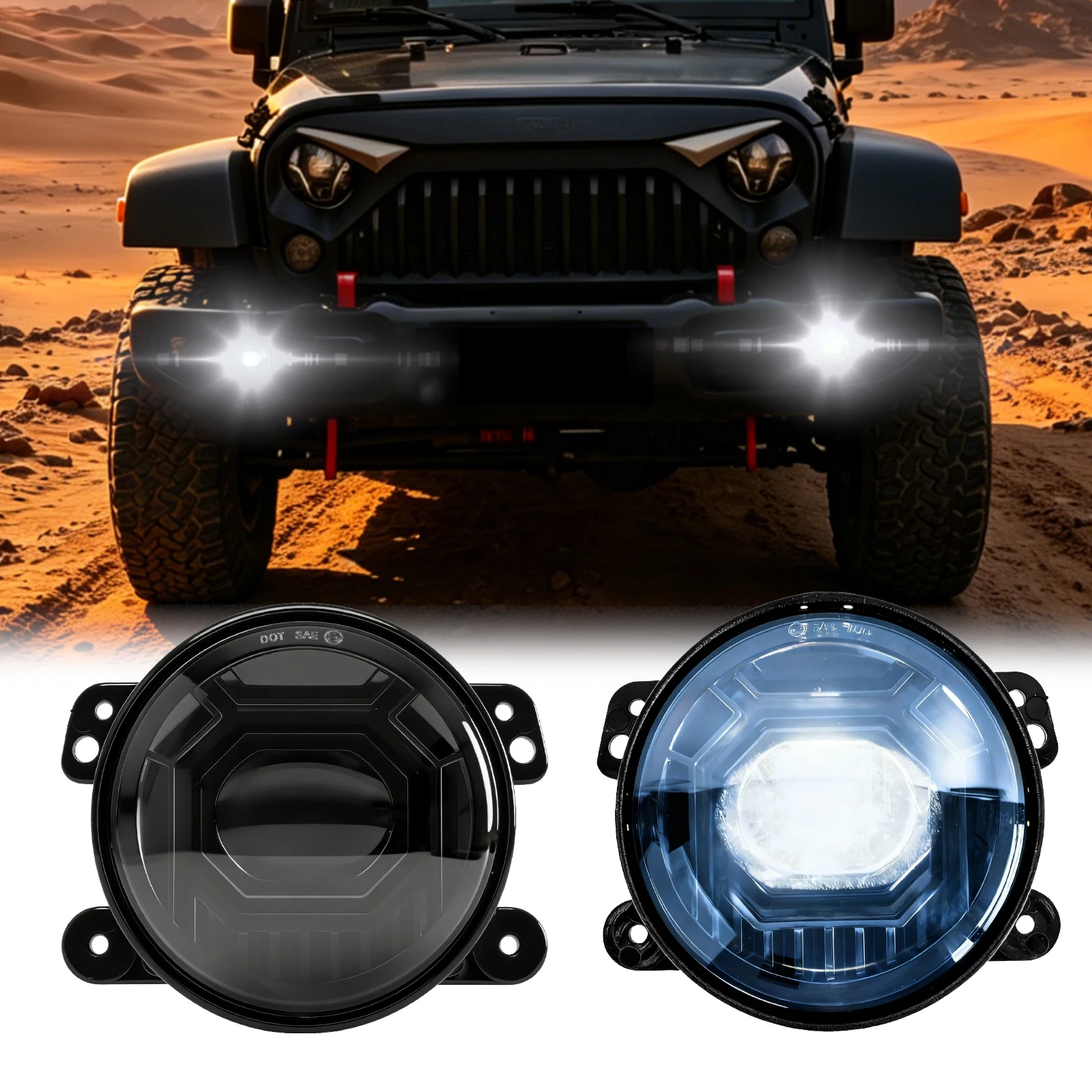 2Pcs 4 Inch Light‑Warrior Design White LED Fog Lights Assembly, Bolt‑on Replacement Fog Lamps for Wrangler JK Off‑Road Modificat