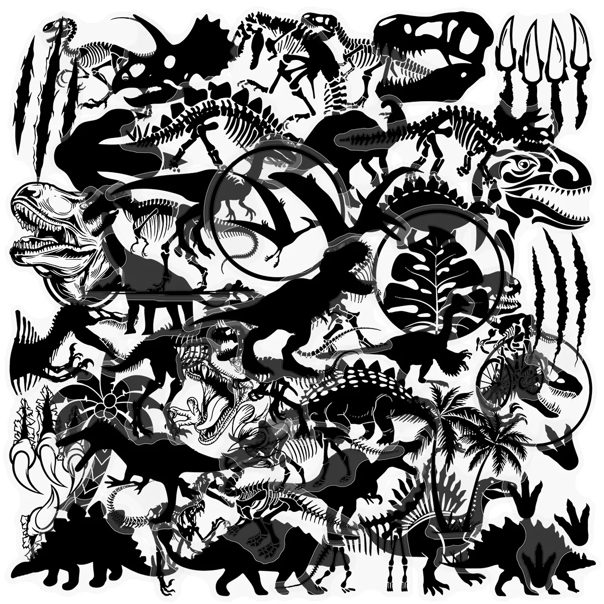 50PCS Silhouette of Prehistoric Dinosaur Bones Stickers Transparency Dinosaur Cartoon Decal DIY Luggage Phone Guitar Scrapbook