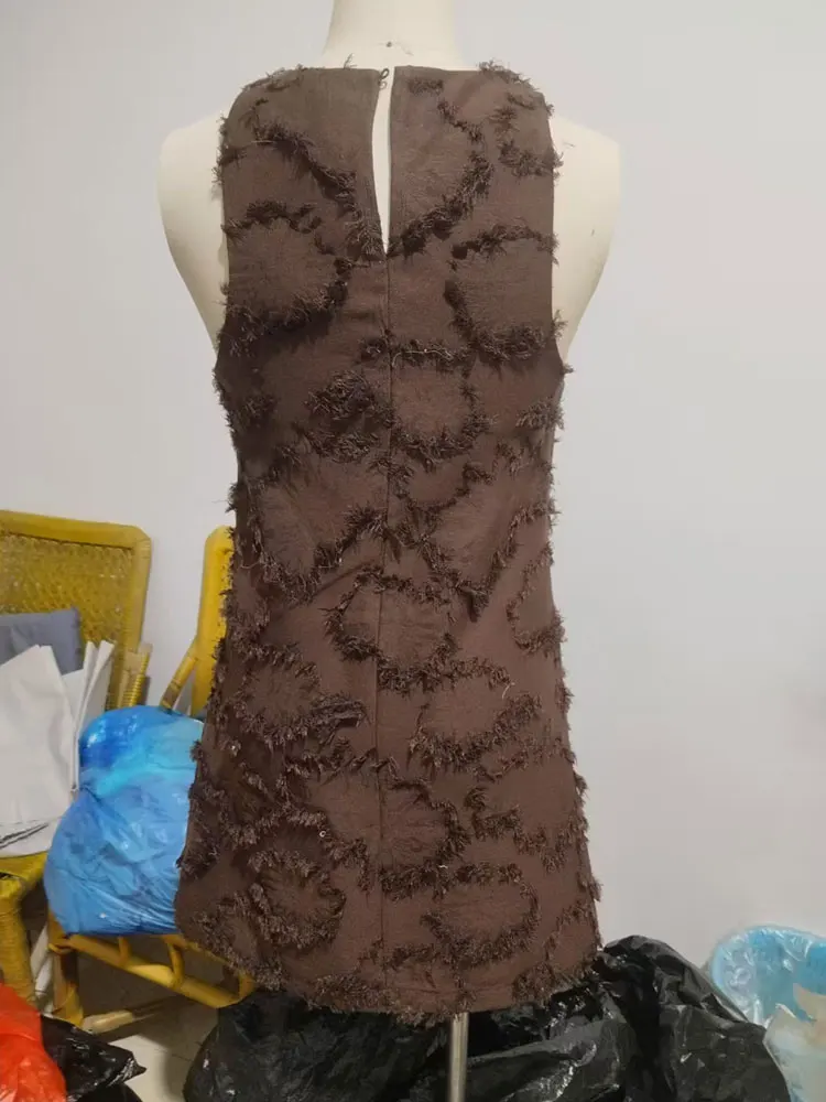 HH Summer Female Textured Fabric Elegant Straight Mini Dress Sleeveless Solid O Collar Side Zipper Hallow Fashion Slim Dress