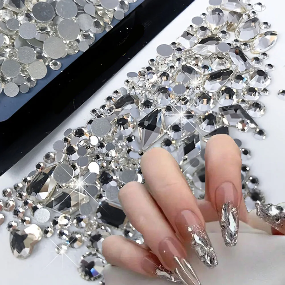 150pcs Flatback Round Rhinestone Plus 20pcs Odd Shaped Large Blue AB Clear Crystal Nail Rhinestones DIY Jewelry Gems Nail Charms