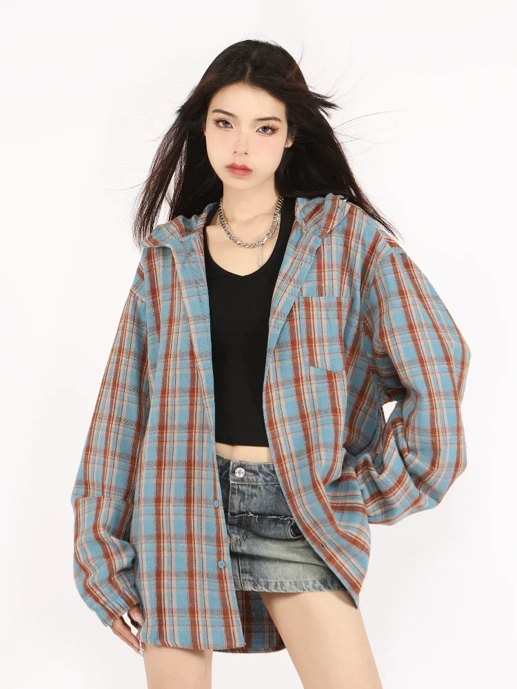 Camisas de outono femininas xadrez com capuz design exclusivo estilo americano manga longa solta topos vintage rua legal menina elegante vitalidade