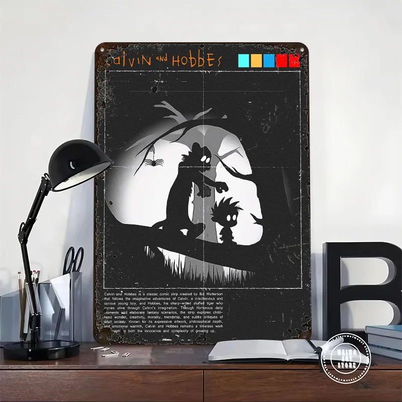 Calvin and Hobbes Silhouette Poster Retro 3D Printed Metal Signs Customized Wall Hanging Gift for Desk Decor Room Coffee Bar