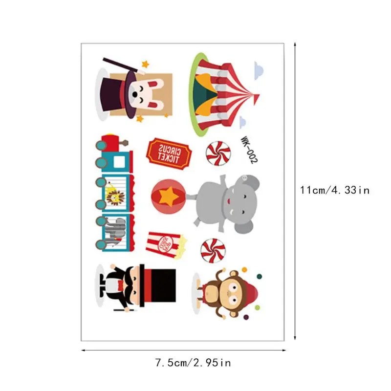 8 Sheets Cartoon Animal Circus Stickers Kids Temporary Tattoos Art C