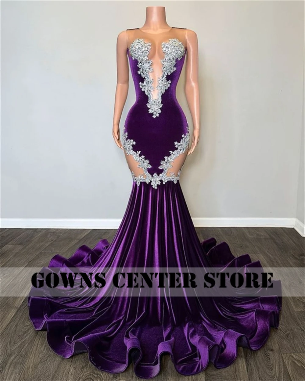 Robes de Rhen velours violet avec appliques en dentelle perlée, robes de sirène pour filles noires, robe de soirée de mariage, robe de gala élégante, sexy