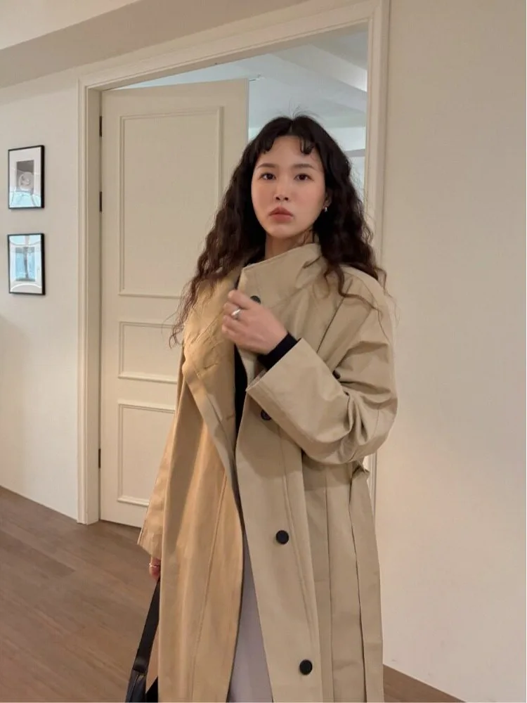 British Style Khaki Mid-Length Women's Coat Autumn New Loose Small Figure Shape Coat Casual Street Style Spring Autumn Winter