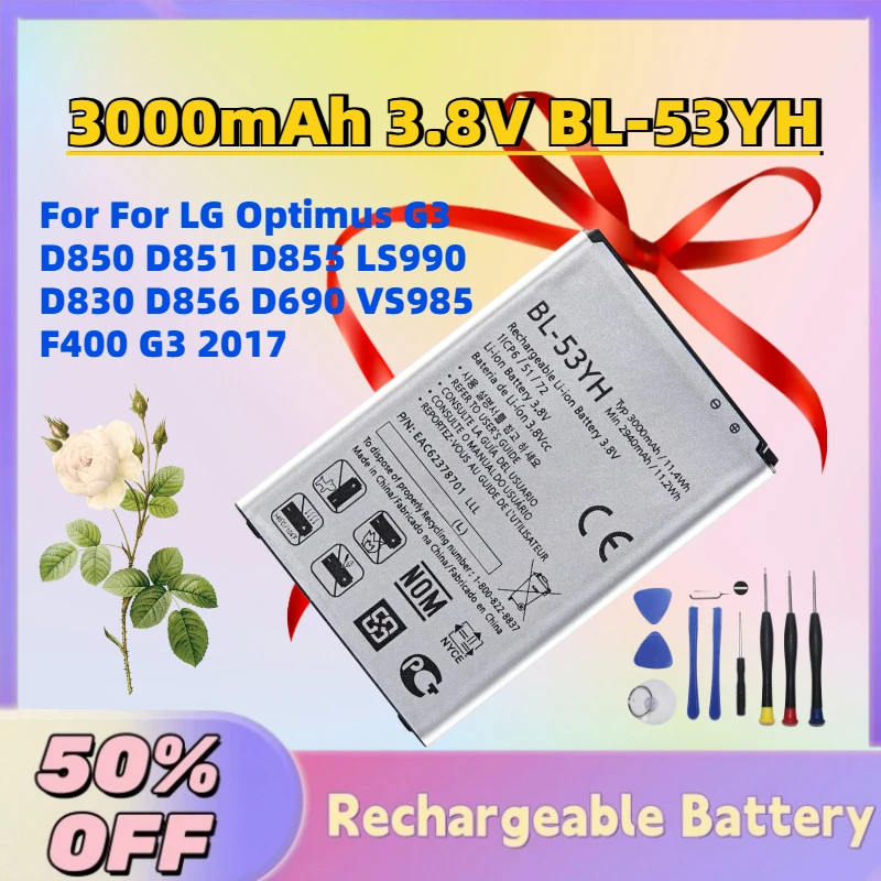 

In Stock 3000mAh 3.8V BL-53YH Mobile Phone Battery for For LG Optimus G3 D850 D851 D855 LS990 D830 D856 D690 VS985 F400 G3 2017