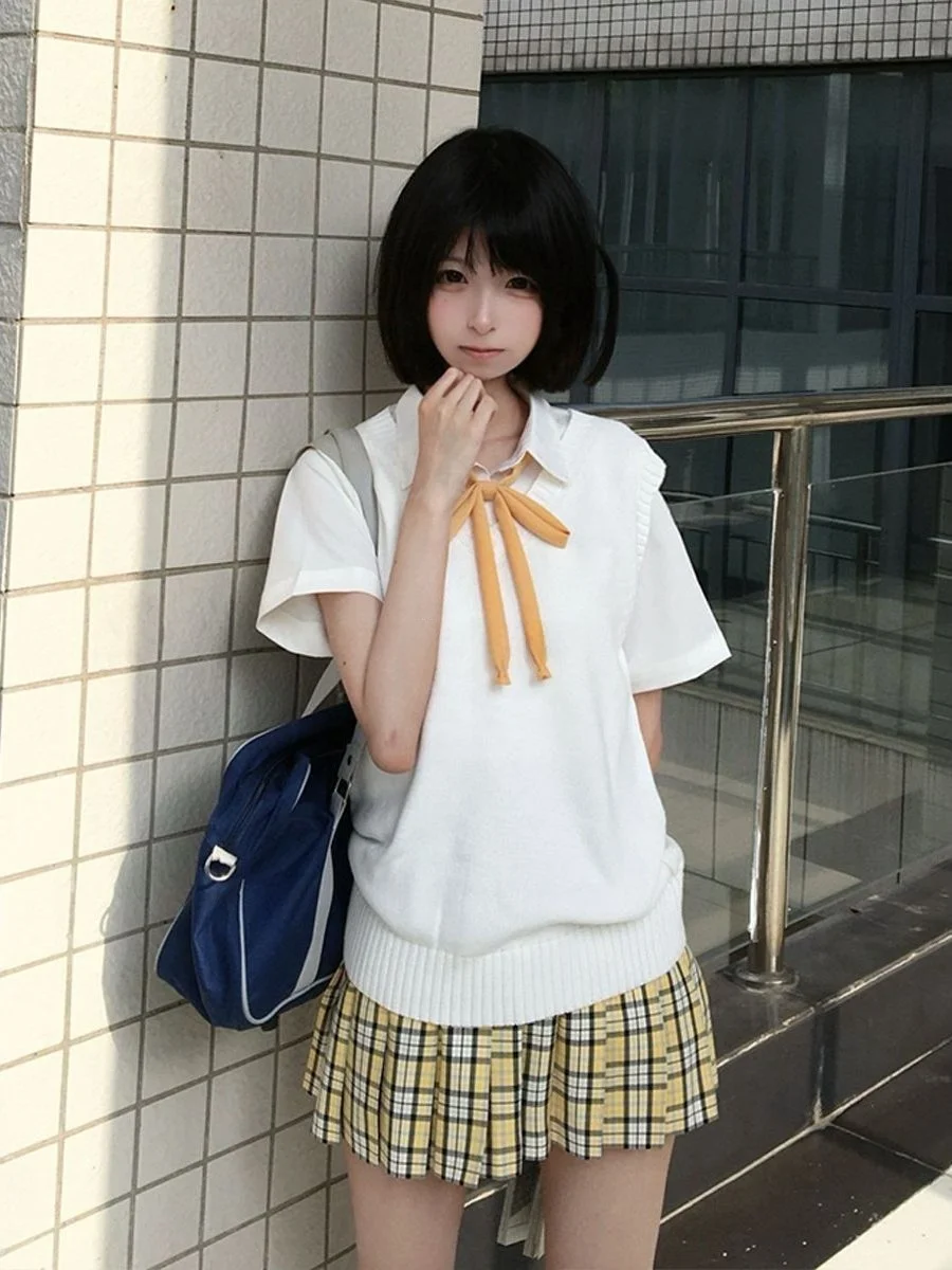 

Original JK Uniform School Uniform Set Women's Short Sleeve Knitted Vest Layering Clothing Breathable Polyester Fabric