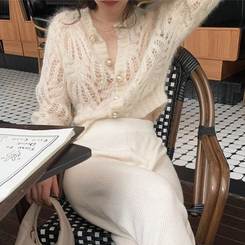 Beige Button-up Sweater Jackets for Women Thin Hollow Out Soft Knit Cropped Cardigans 2026 Long Sleeve Knitwear Woman's Clothing