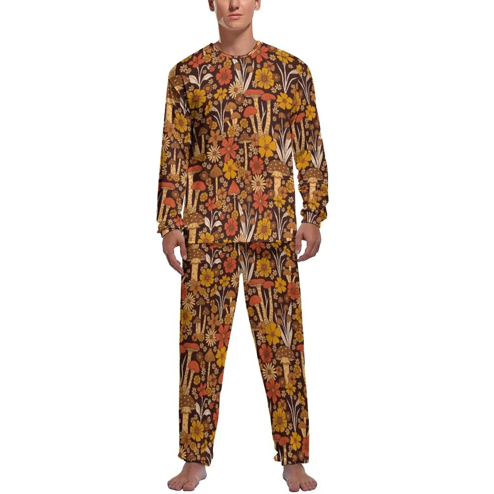 Orange Mushrooms Pajamas Male Retro 1970s Flowers Print Elegant Nightwear Winter Long-Sleeve 2 Piece Night Design Pajama Sets