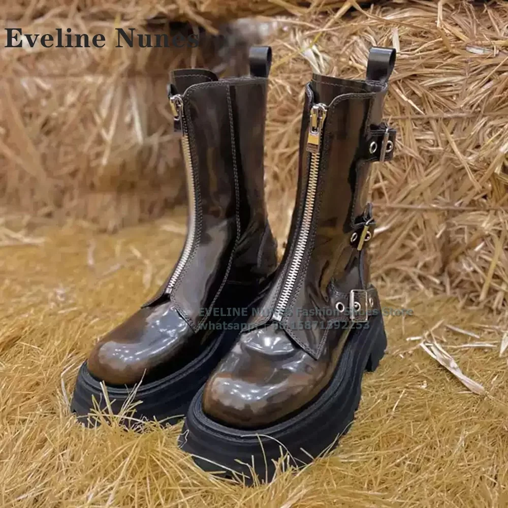 

Belt Buckle Zipper Closure Mid-Calf Boot Round Toe Thick Sole Height Increasing Retro Modern Boots Solid Casual 2024 Winter Shoe