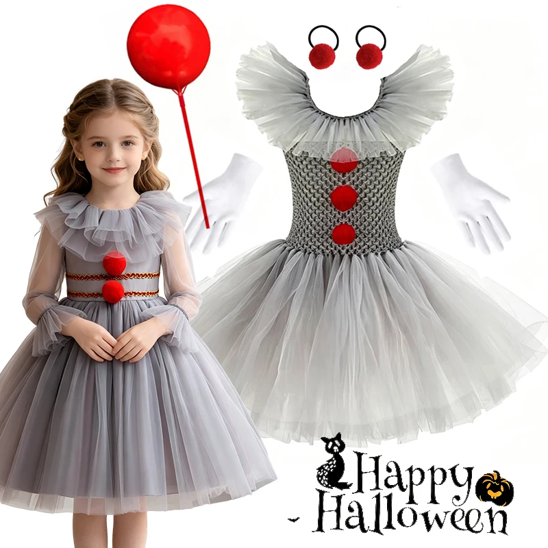 Kids Halloween Cosplay Clown Outfit Girls Mesh Tutu Dress Set Gloves Hair Bands for Holiday Carnival Birthday Fancy Dress Party