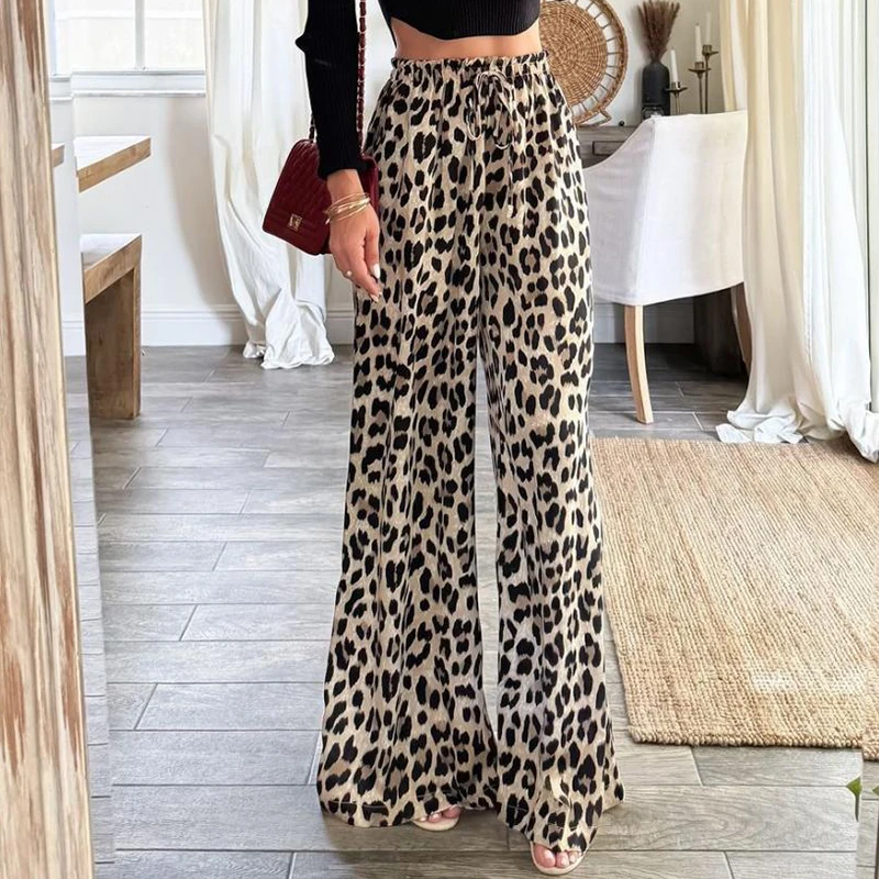 New Leopard Printed Wide Leg Pants Fashion Drawstring Elastic Women's Trousers Ladies Autumn Casual Pocket Loose Commuting Pants