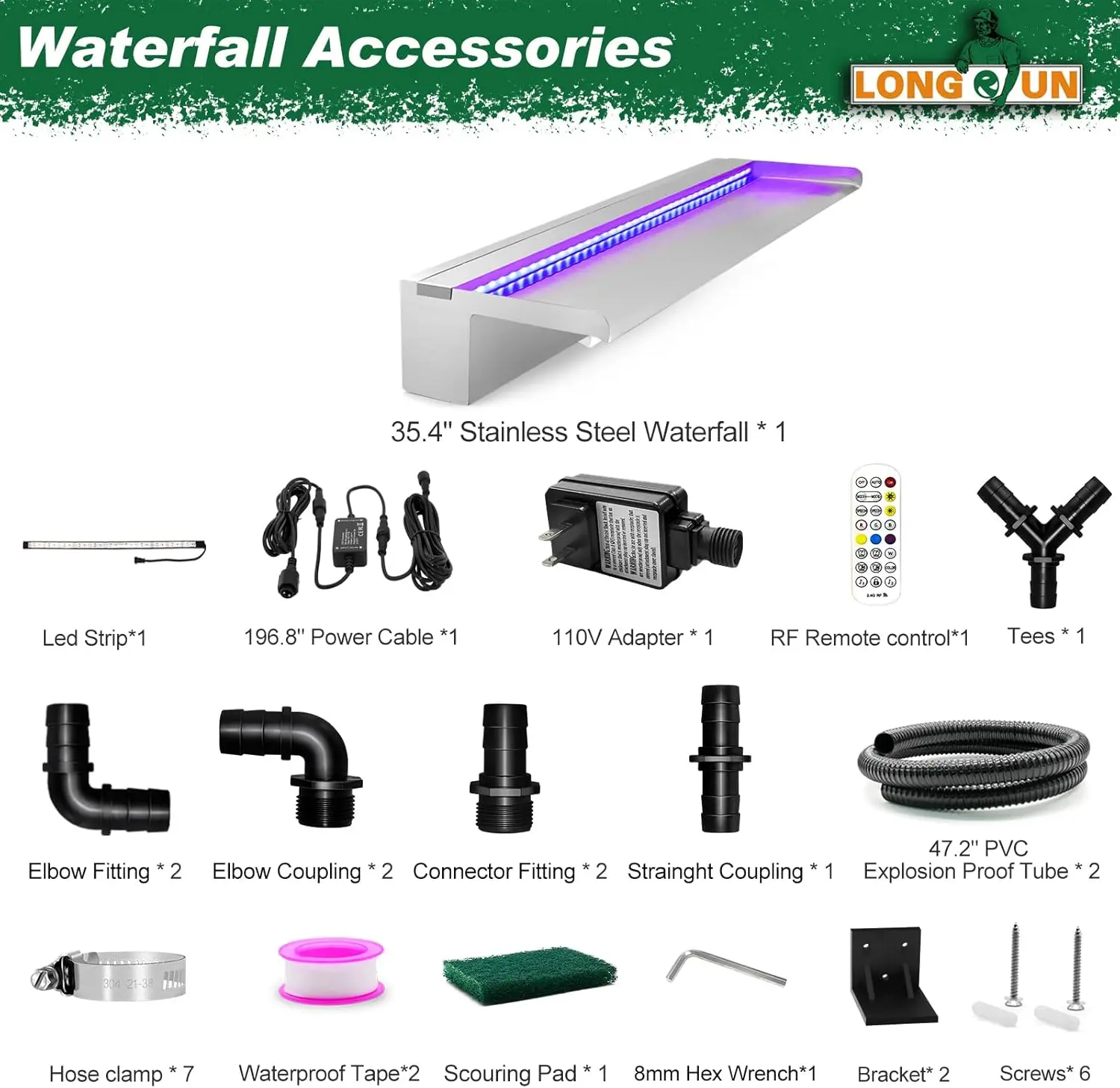 Longrun Stainless Steel Waterfall Spillway, App Control Multi-Color Led Light Outdoor Pool Fountain, Water Spillway Koi Pond