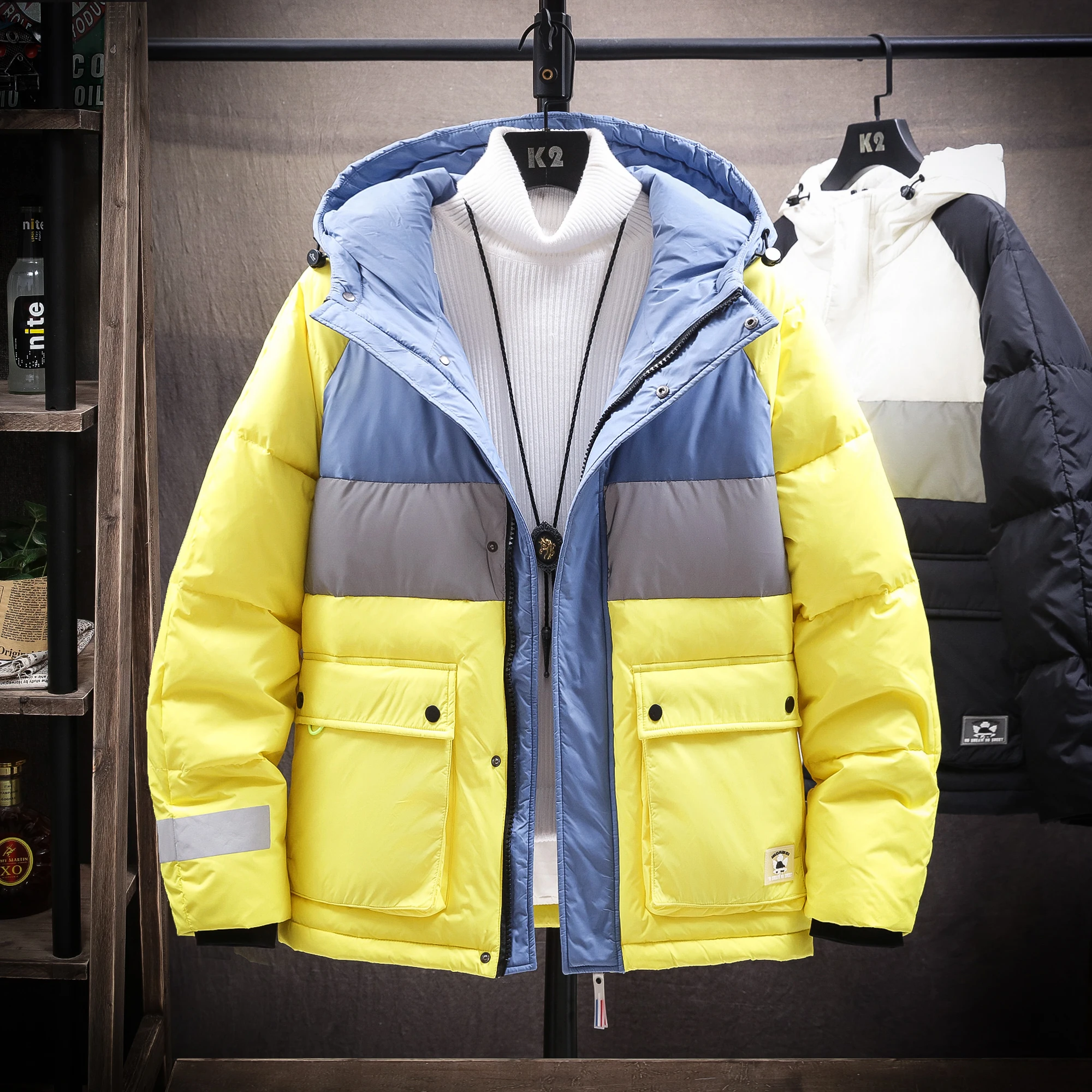 

Мужская зимняя куртка-пуховик в корейском стиле, модная, высококачественная, спортивная, нейтрального кроя, с капюшоном, в стиле колор-блок