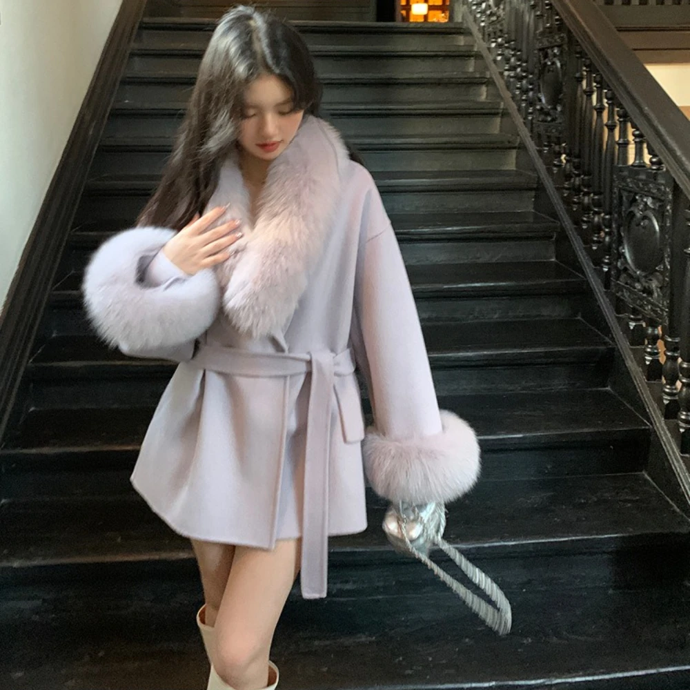 

CXFS 2025 Autumn Winter New Double-Side Cashmere Coat Women's High-end Fox Fur Small Wool Woolen Fur Jacket