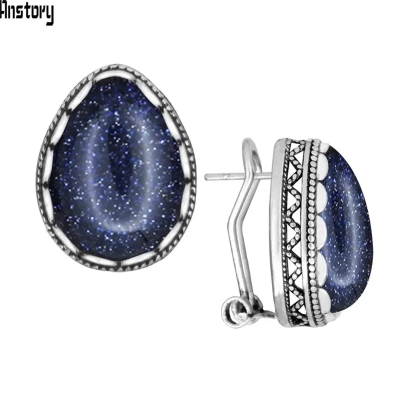 

Vintage Drop Sequins Blue Stone Stud Earrings For Women Stainless Steel Stud Pin Push Back Antique Silver Plated Earrings