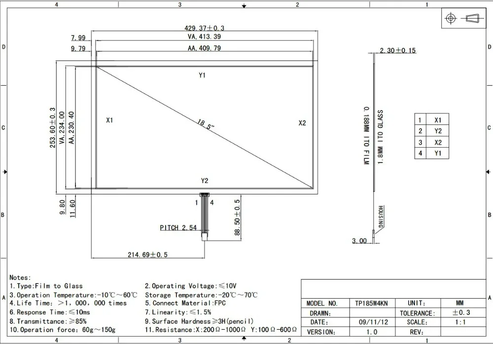 Win10 Compatible Flexible Industrial 18.5 Inch includes USB Controller 4 Wire Pellicle Resistive Touch Screen Panel