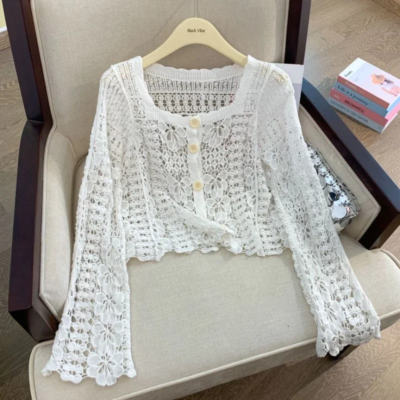 REALEFT Summer Lace Crochet Women\'s White Cardigan 2024 New Hollow Out Beach Bohemian Long Sleeve Short Tops Shirt Female