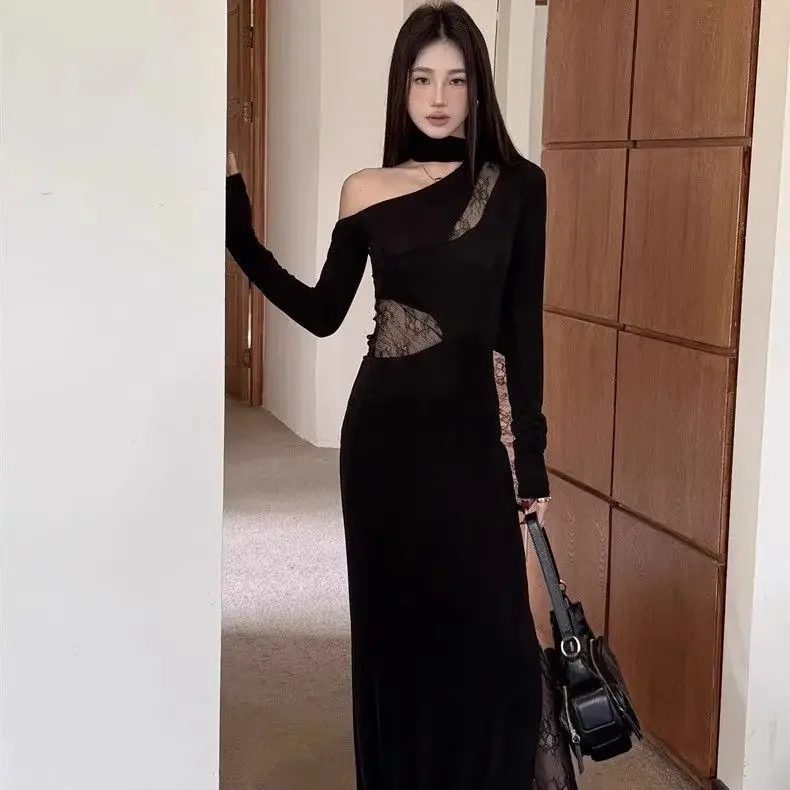 أسود مائل الياقة خارج الكتف الدانتيل الربط الإناث النبيلة الساخنة فتاة تصميم المتخصصة فساتين الورك