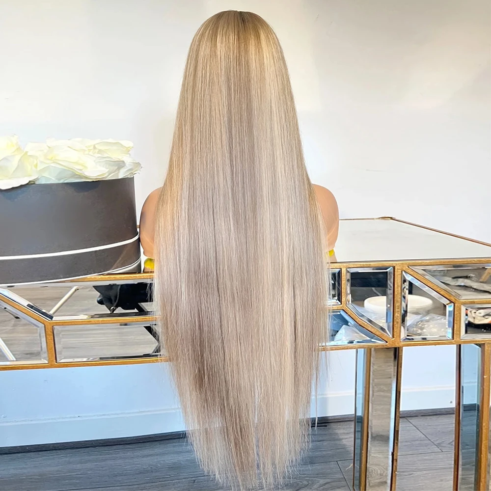 

Platinum blonde with brown roots Straight Wig Highlights Synthetic Fibre Lace Front Wig for Women Realistic Hairline Wear&Go