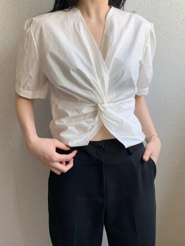 Fashionable Cross Knot Short Sleeve Shirt Versatile Wear for Bloggers Korean Style Spring Autumn Winter Casual Wear for Women