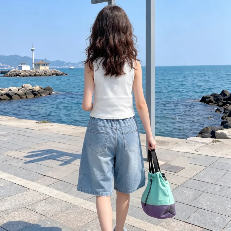 Girls Silver Speckled Wide Leg Denim Bermuda Shorts Summer Elastic Waist Casual Jeans Pants For Kids 6-14 Years