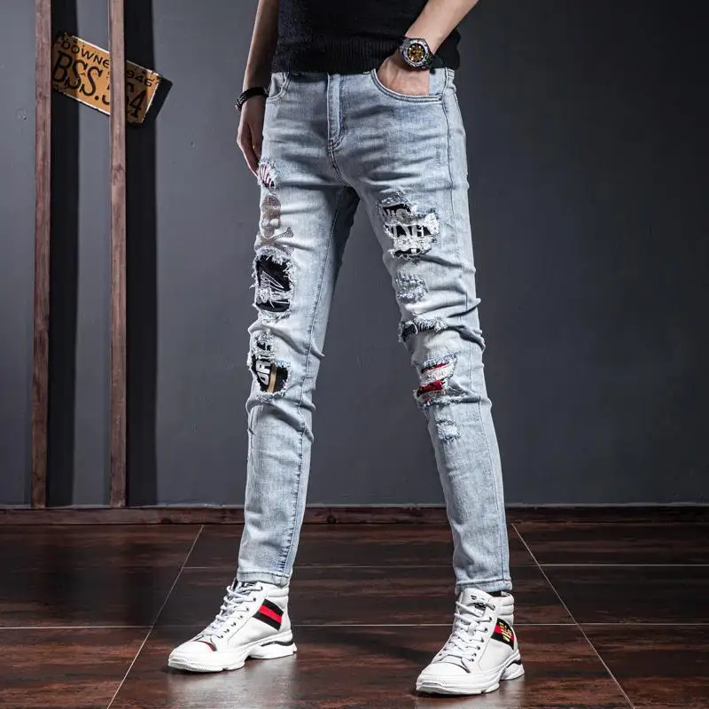 Men\'s Clothing Autumn and Winter high quality Trendy Ripped Jeans Embroidered Slim-Fit Stretch Leggings