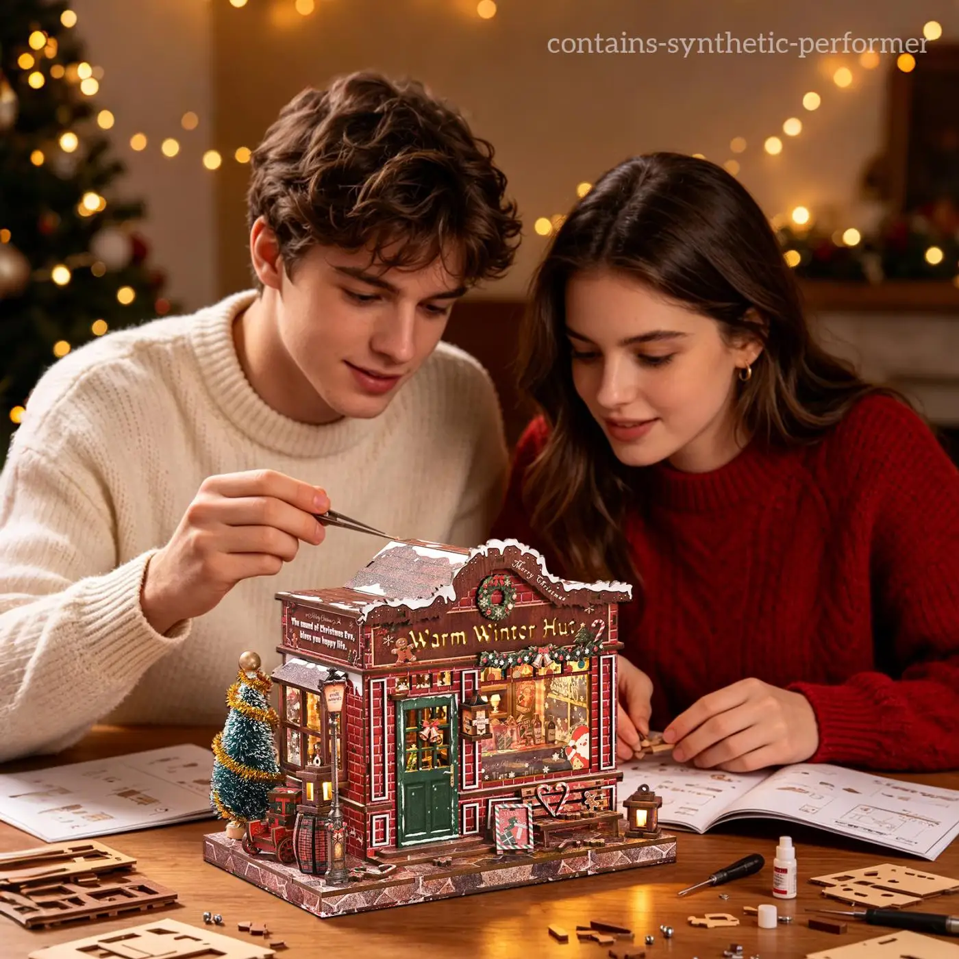 DIY Wooden Toys Warm Winter Cabin Book Stand with Christmas Snowscape Model Assembly Bricks Kit Xmas Handicraft Ornament Gifts