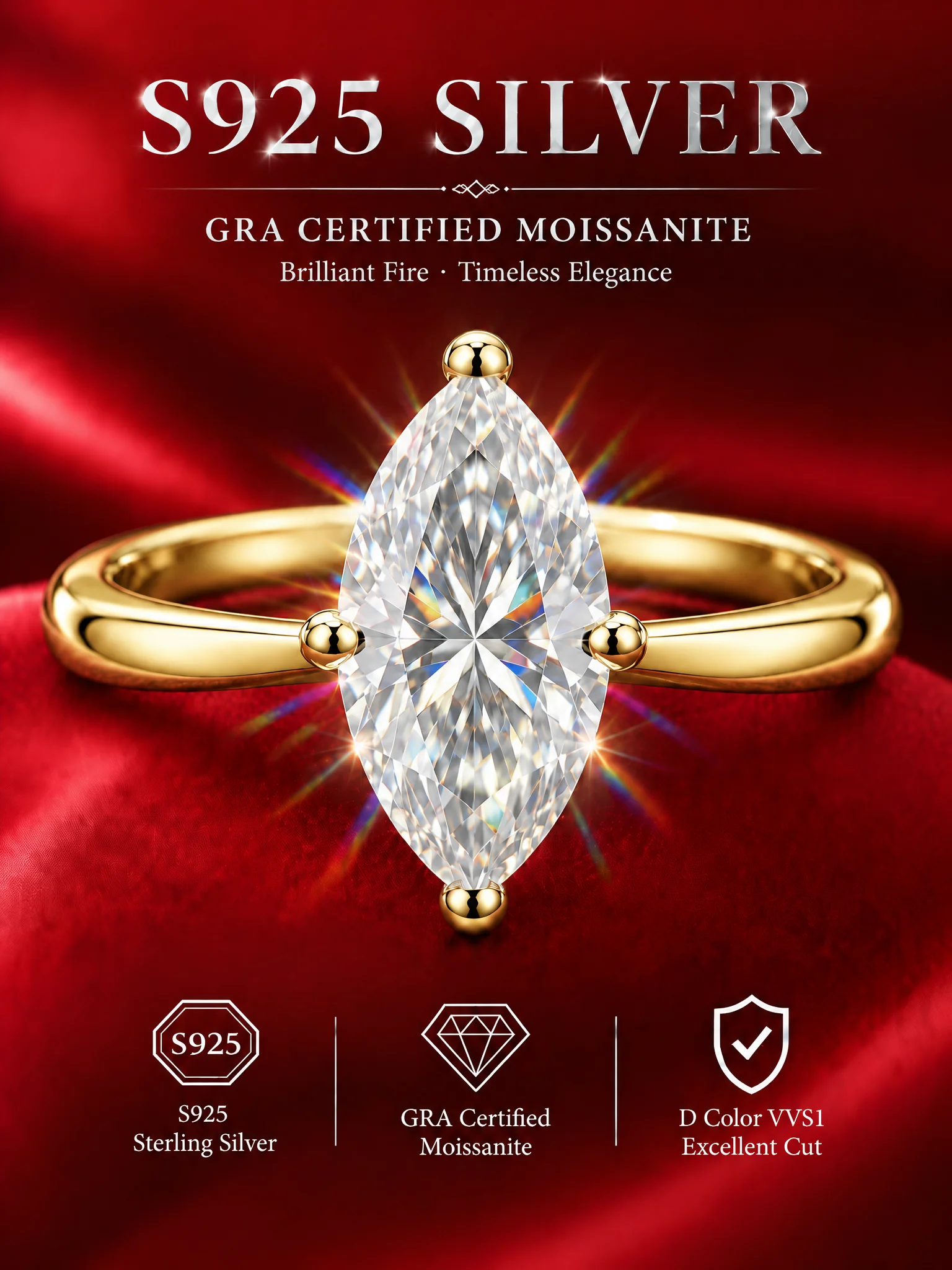 18k Vergoldete Moissanit-Ringe mit GRA-Zertifikat, Funkelndes Marquise-Design, S925 Sterling Silber für Damenringe – Detail 3