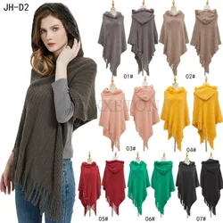 Winter Warm Knitted Ponchos for Women Solid Stripe Shawls Luxury Caps Tassel Pashmina Wraps Autumn Ladies Sweater