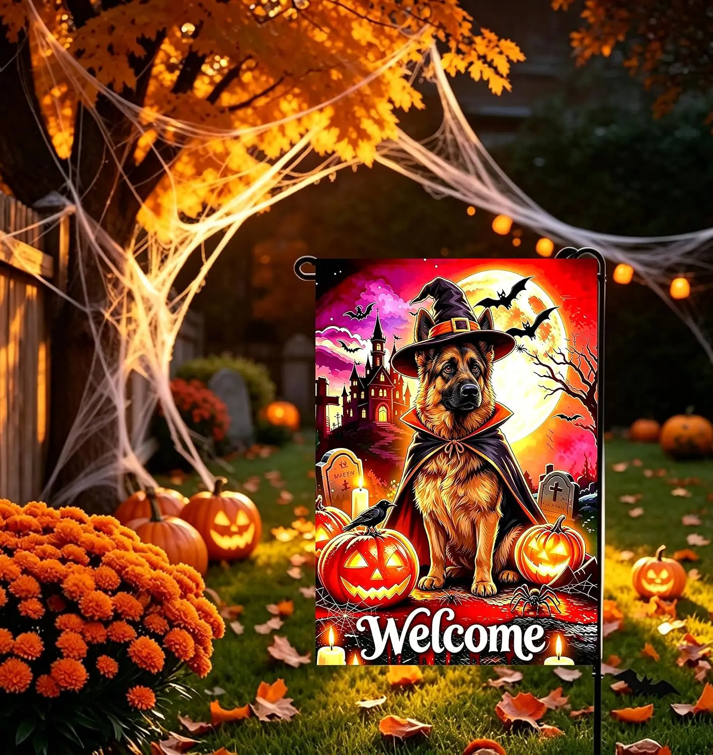 Halloween German Shepherd Dog Garden Flags for Outside 12x18 Double Sided | Small Burlap Holiday Outdoor Pumpkin Welcome Yar llp
