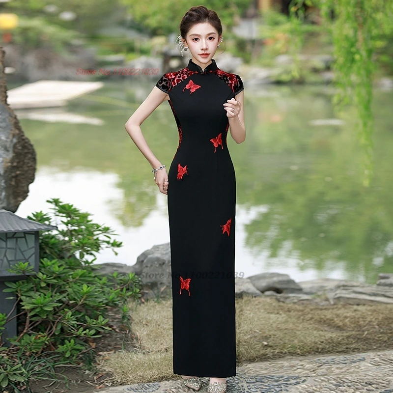 

2025 chinese vintage dress improved cheongsam national butterfly embroidery stage performance formal dress banquet evening qipao