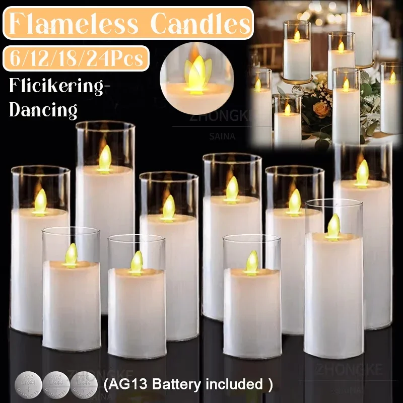 6-24Pcs Flameless LED Candles Flickering Artificial Pillar Candlelight Battery Operated Acrylic for Wedding Decor