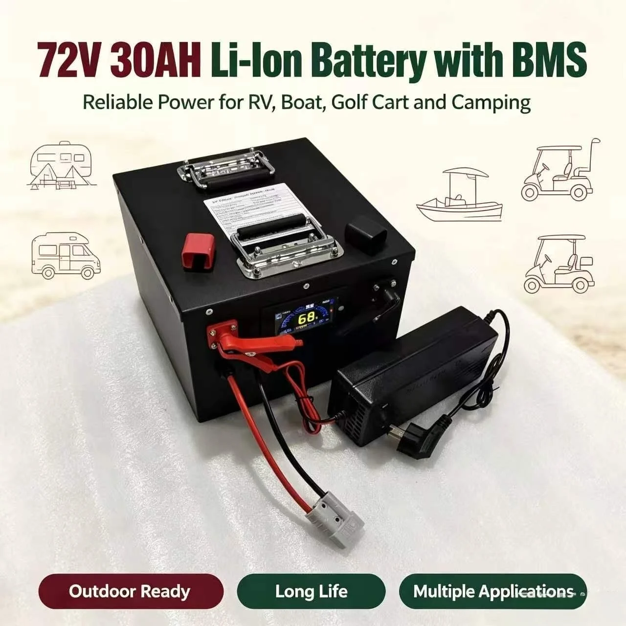 72V 30AH High Performance, Long Life, Li-Ion Battery with BMS - For RVs, Boats, Golf Carts, Camping Gear and Small Vehicles