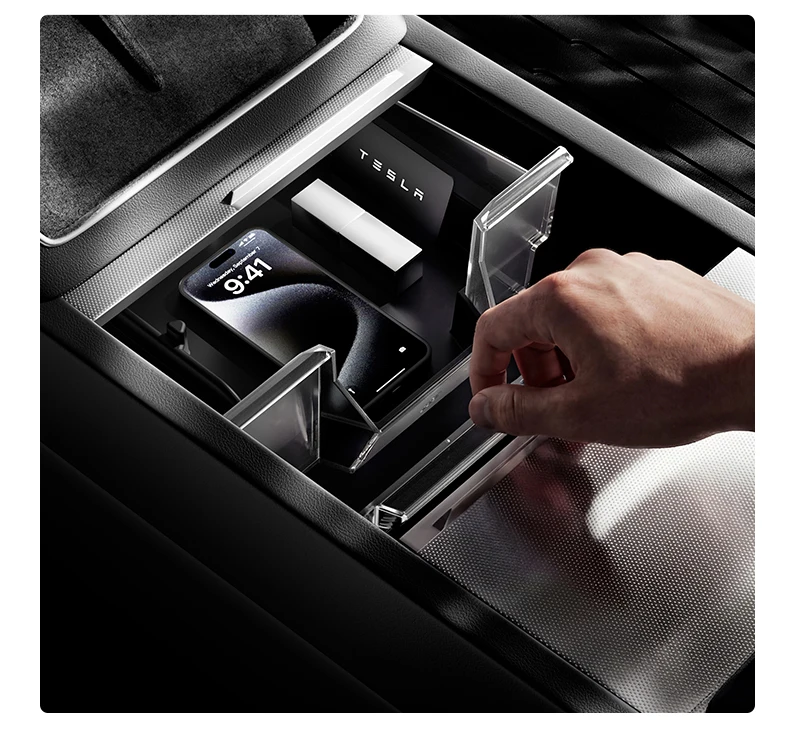 YZ Für Tesla Model 3 Y YL Highland Juniper 2025 2026 Mittelkonsolen-Organizer Doppelschichtiger Versteckter Aufbewahrungsbox TPE Silikonmatte – Detail 19