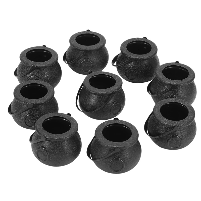 10Pcs Black Cauldron Candy Holder Pot With Handle Halloween Candy Bucket Kettle Mini Black Witch Cauldron For Halloween