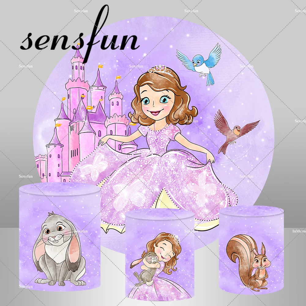 Disney Castle Purple Princess Sofa Round Cover Backdrop for Girls Baby Shower Birthday Party Decor Birds Rabbit Pedestal Covers