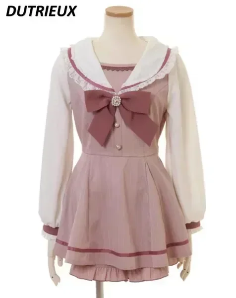 Primavera Verano dulce vestido con lazo de Lolita pantalones cortos traje conjunto de dos piezas Rojita japonés cuello de marinero adelgazante