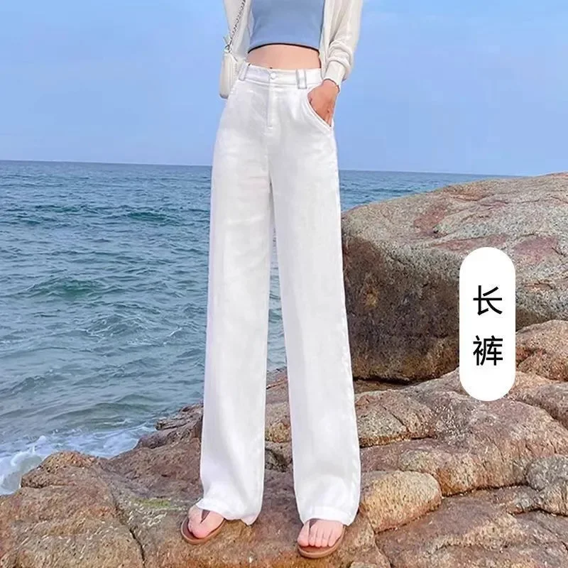 Lente Herfst Vrouwen Wijde Pijpen Broek Femme Grote Maat 4XL Linnen Katoen Rechte Broek Koreaanse Dames Hoge Taille Smalle Pantalons