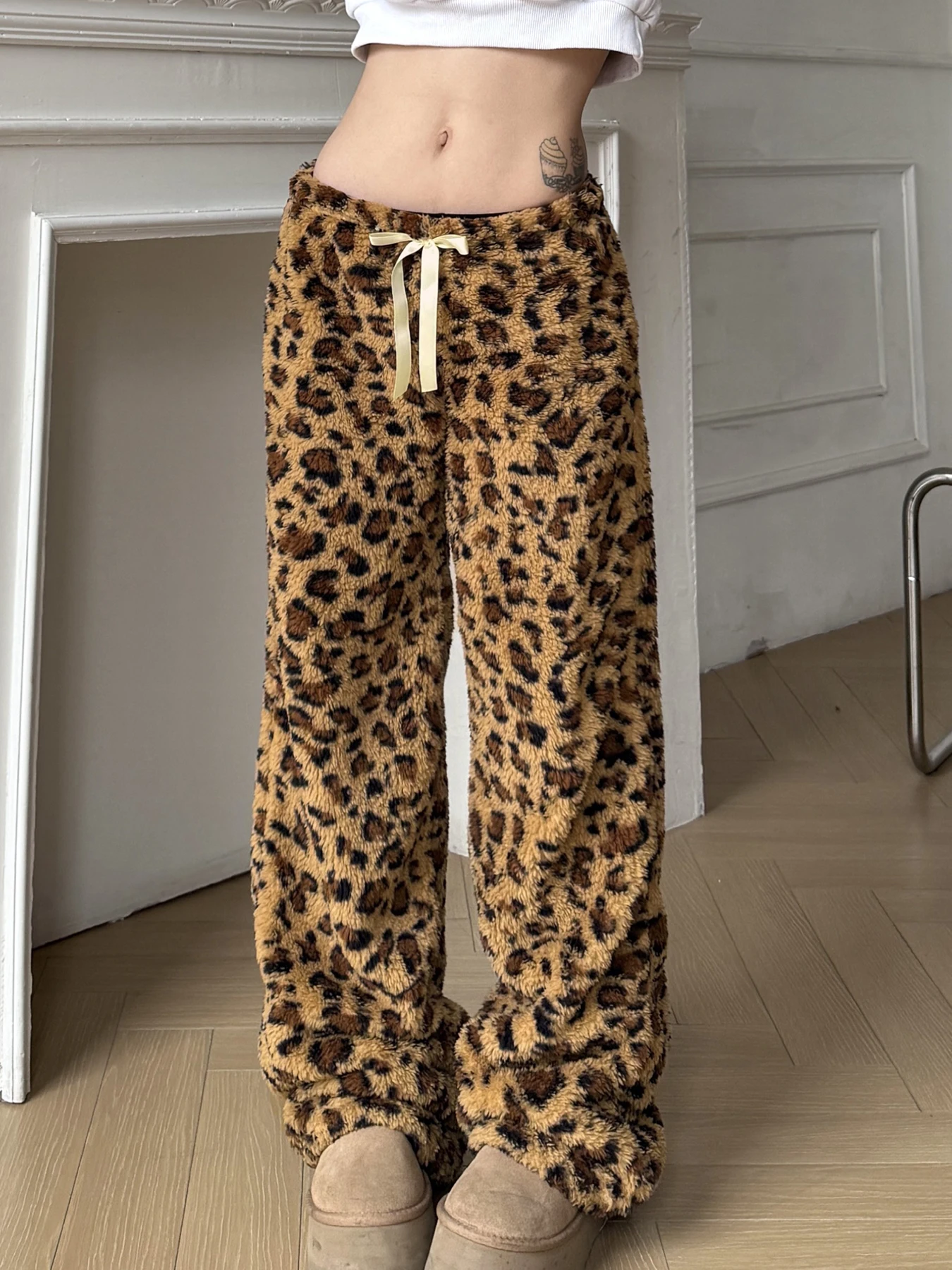 Leopard Velvet Women Loose Long Pants Bow Y2k Retro Fashion Chic Warm Autumn New Trousers Design Street Style