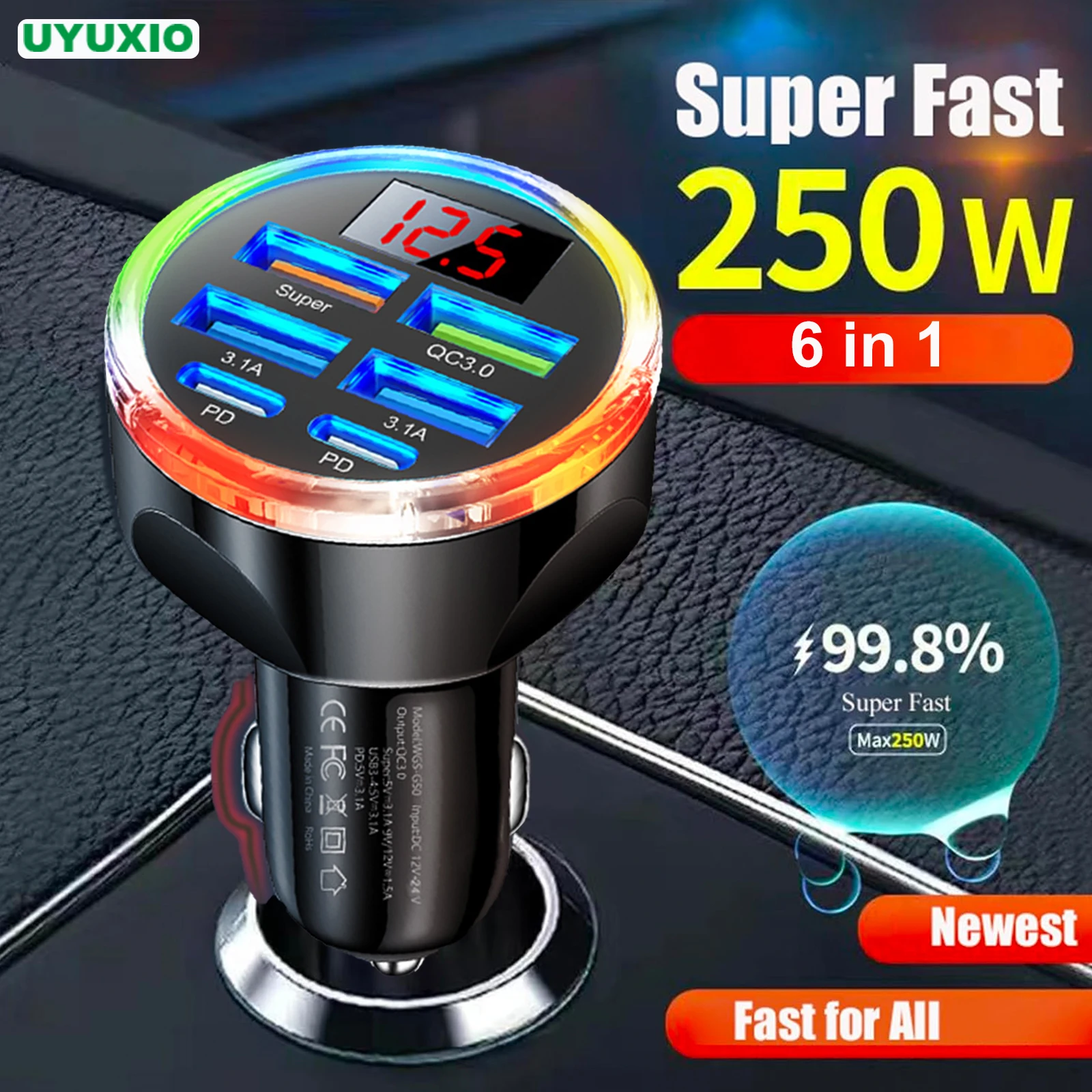 UYUXIO Dual PD Port USB C Car Phone Charger Adapter Multi Port with Volt Meter 6 in 1  Super Fast Charge with Voltage Display
