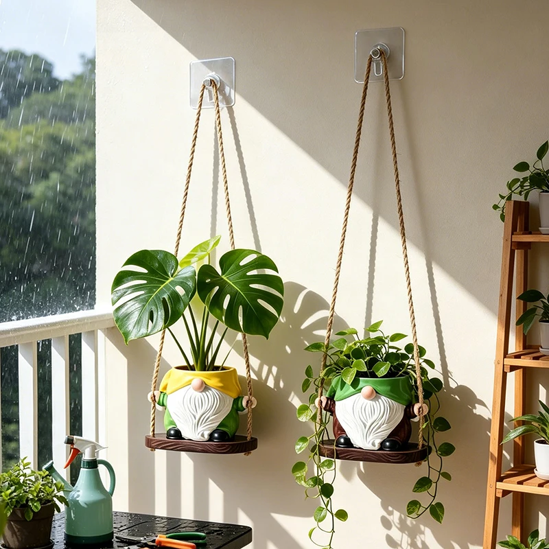 Bohemian Gnome Swing Hanging Planter Resin Flower Pot for Succulents Vines and Small Plants Balcony Patio Wall Decor Accent