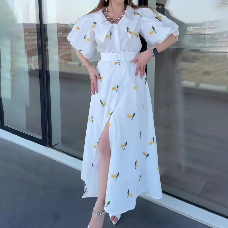 

Summer Fashion Women Prints High Waisted Long Dress Casual Comfortable Doll Collar Puff Sleeves Dress Plus Size Loose Slit Skirt
