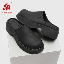 STRONGSHEN Men Slippers Summer Leather Shoes Vintage Soft Bottom Slip on Sandals Fashion Half Shoes Luxury Designer Casual Shoes