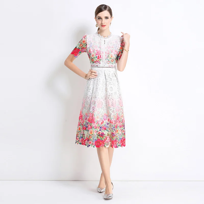 Elegantes formelles Kleid mit Ausschnitt, wasserlösliches Spitzenkleid für Damen, kleiner Stehkragen, kurze Ärmel, Blumendruck, schicke Akzente, Dress2025