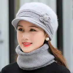 Nowa damska czapka zimowa Keep Warm Cap Add Fur Lined Hat & Scarf Warm Set Fashion Hat For Women Casual Faux Fur Flower Knitted Hat