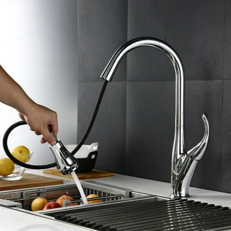 High End Swan Style Kitchen Faucet with Pull Down  Hot Cold Sink Mixer Tap Stainless Steel Retractable Nozzle